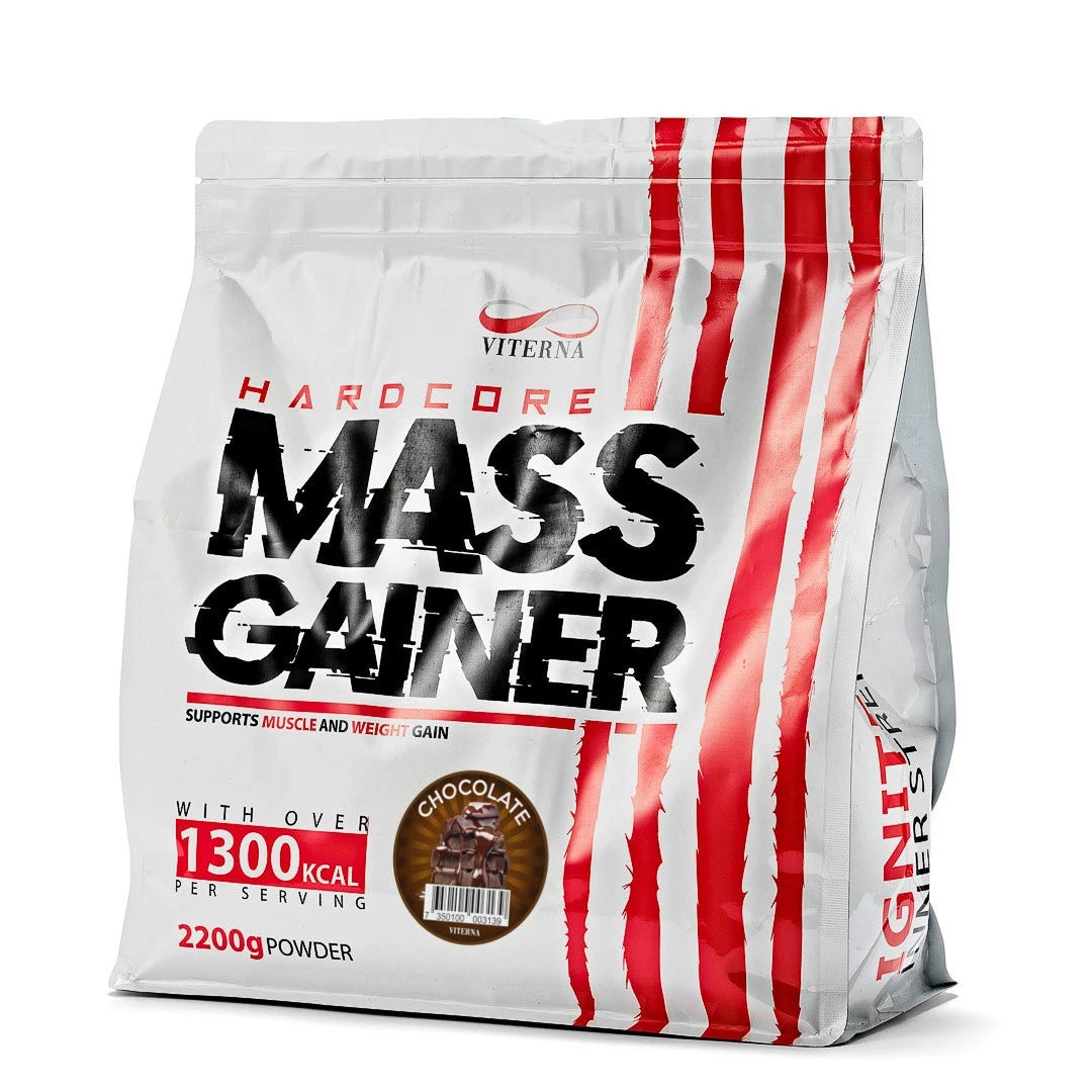 Viterna Hardcore Mass Gainer 2.2 kg i en vit påse med röda detaljer för smaken Choklad., bild 1 av 4
