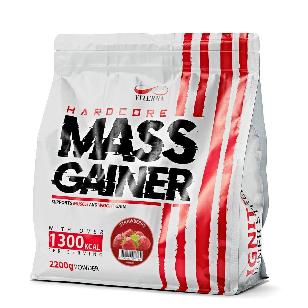 Viterna Hardcore Mass Gainer 2.2 kg i en vit påse med röda detaljer för smaken Strawberry., bild 4 av 4