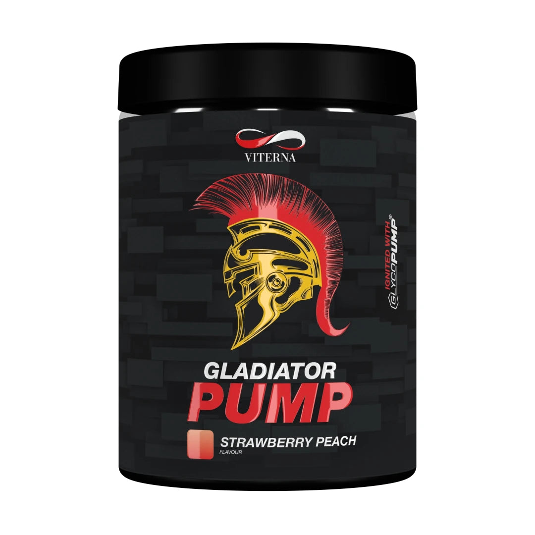Viterna Gladiator Pump 440 g i en svart burk med guldiga och röda detaljer för smaken Strawberry Peach.