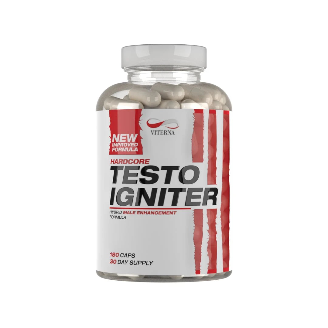 Viterna Hardcore Testo Igniter 180 caps i en transparent burk med vit och röd etikett., bild 1 av 1
