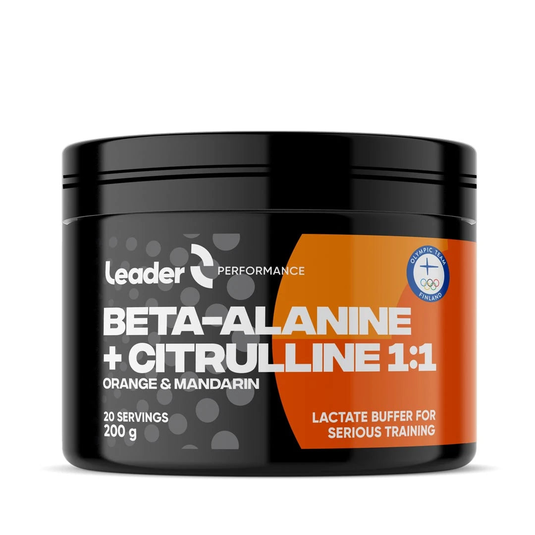 Svart burk med Leader Performance Beta-Alanine-Citrulline 200 g prestationshöjare i pulverform och orange etikett., bild 1 av 1