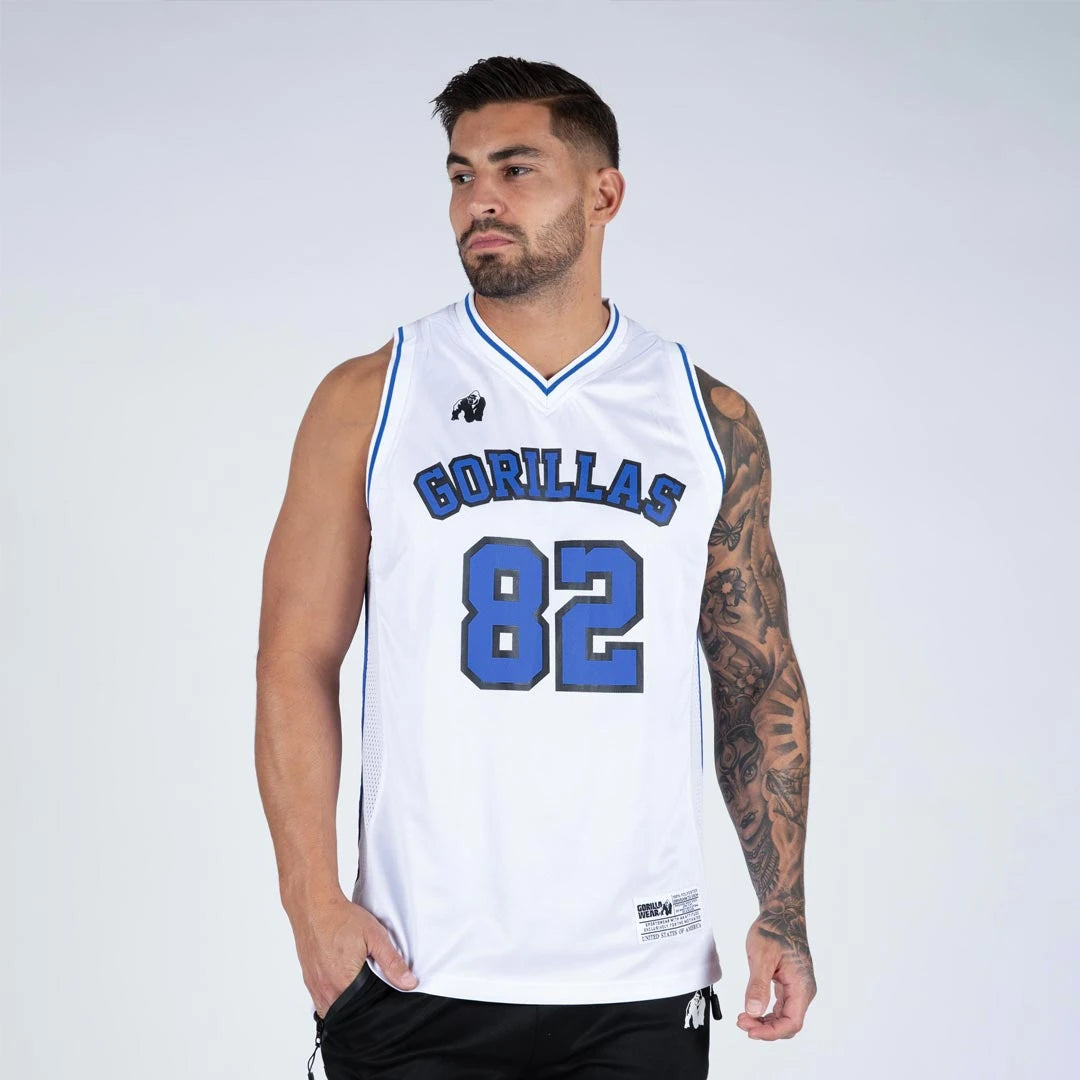 Gorilla Wear San Mateo Jersey Tank Top white/blue är ett vitt v-ringat träningslinne i mesh med sportigt blått tryck.