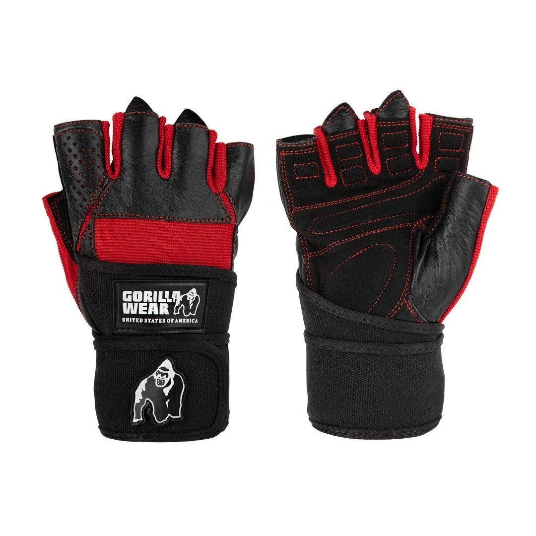 Gorilla Wear Dallas Wrist Wraps Gloves black/red är svarta träningshandskar med röda detaljer och handledslindor., bild 3 av 7