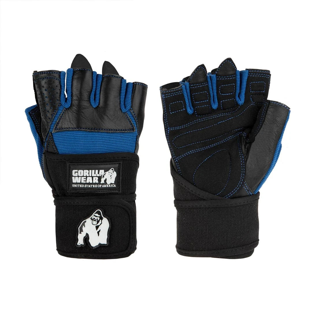 Gorilla Wear Dallas Wrist Wraps Gloves black/blue, svarta träningshandskar med blå meshdetaljer och handledslindor., bild 3 av 7