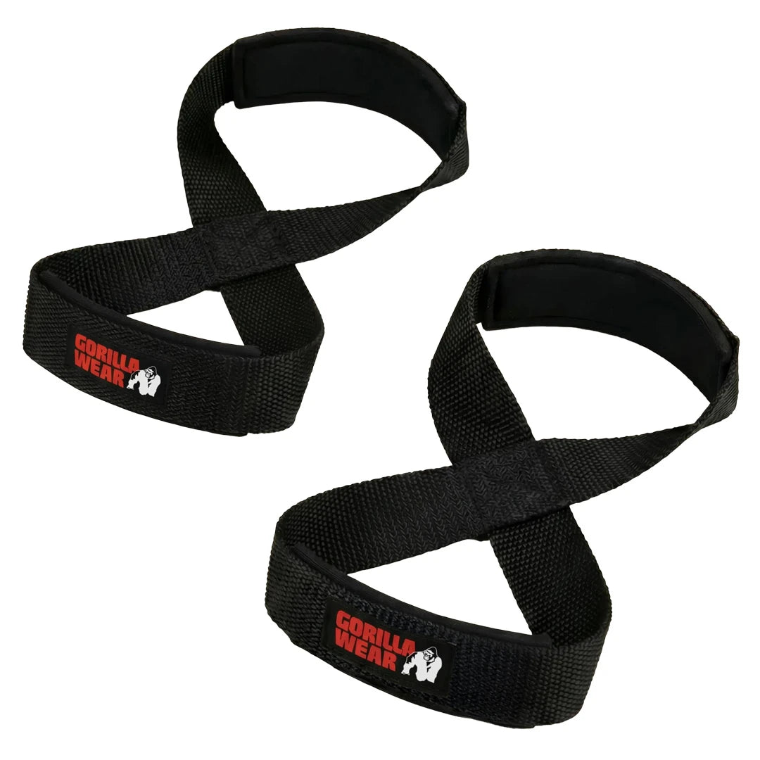 Gorilla Wear Figure 8 Lifting Straps black är ett par svarta dragremmar med vadderad insida för tunga lyft., bild 1 av 3