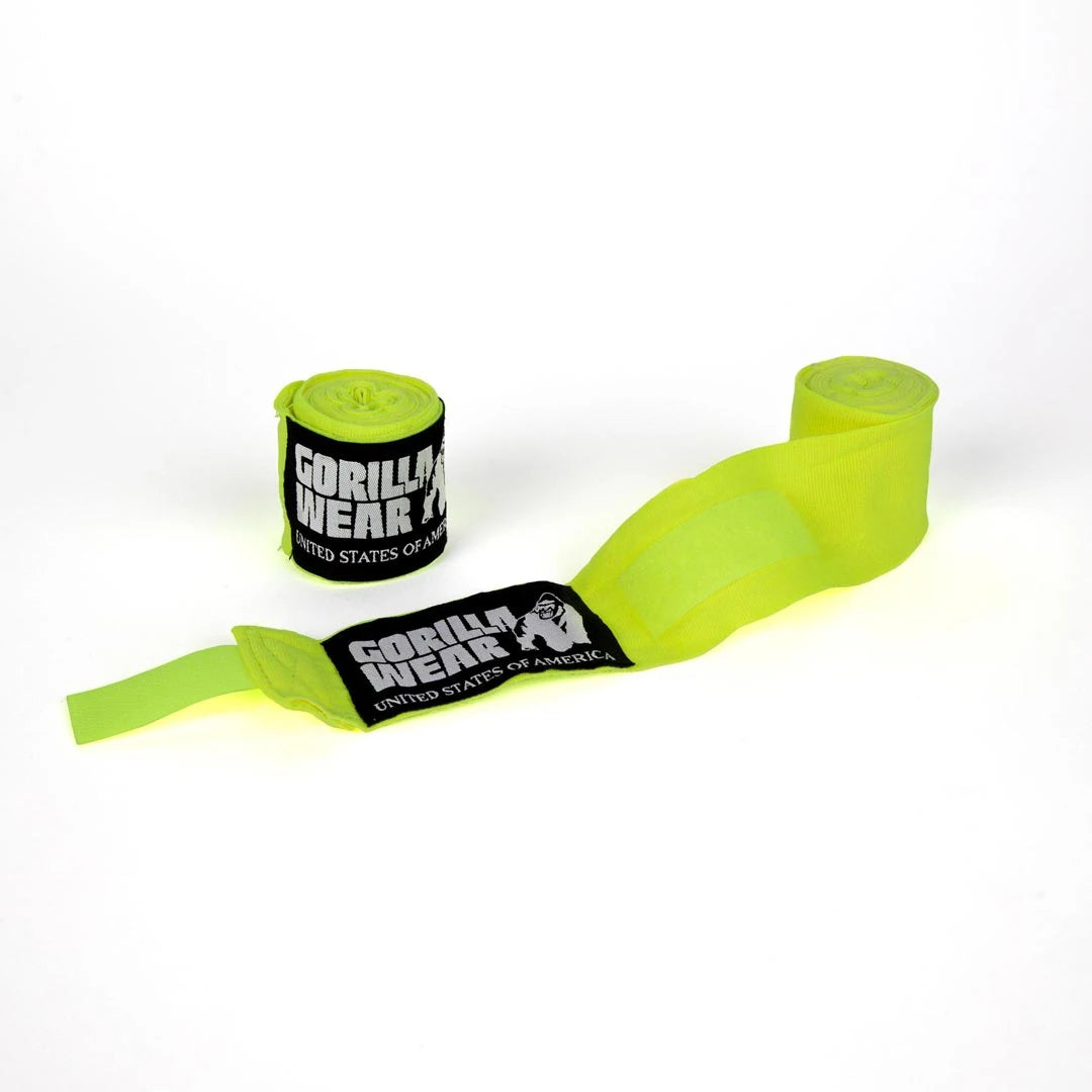 Gorilla Wear Boxing Hand Wraps gul 2,5 m är neongula boxningslindor i elastisk bomull med svarta detaljer.