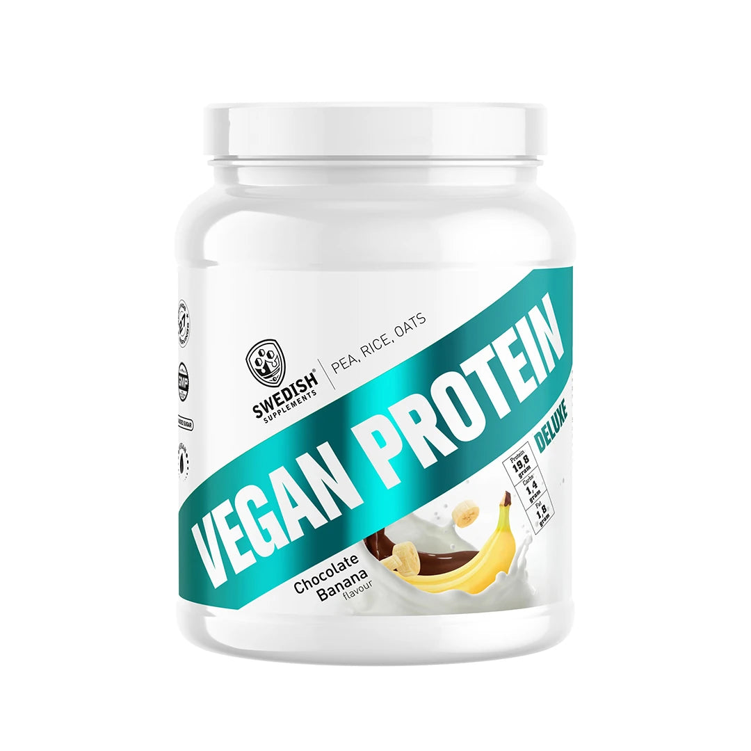 Swedish Supplements Vegan Protein Deluxe 750 g proteinpulver i en vit burk med turkosa detaljer och smaken Chocolate Banana., bild 1 av 1