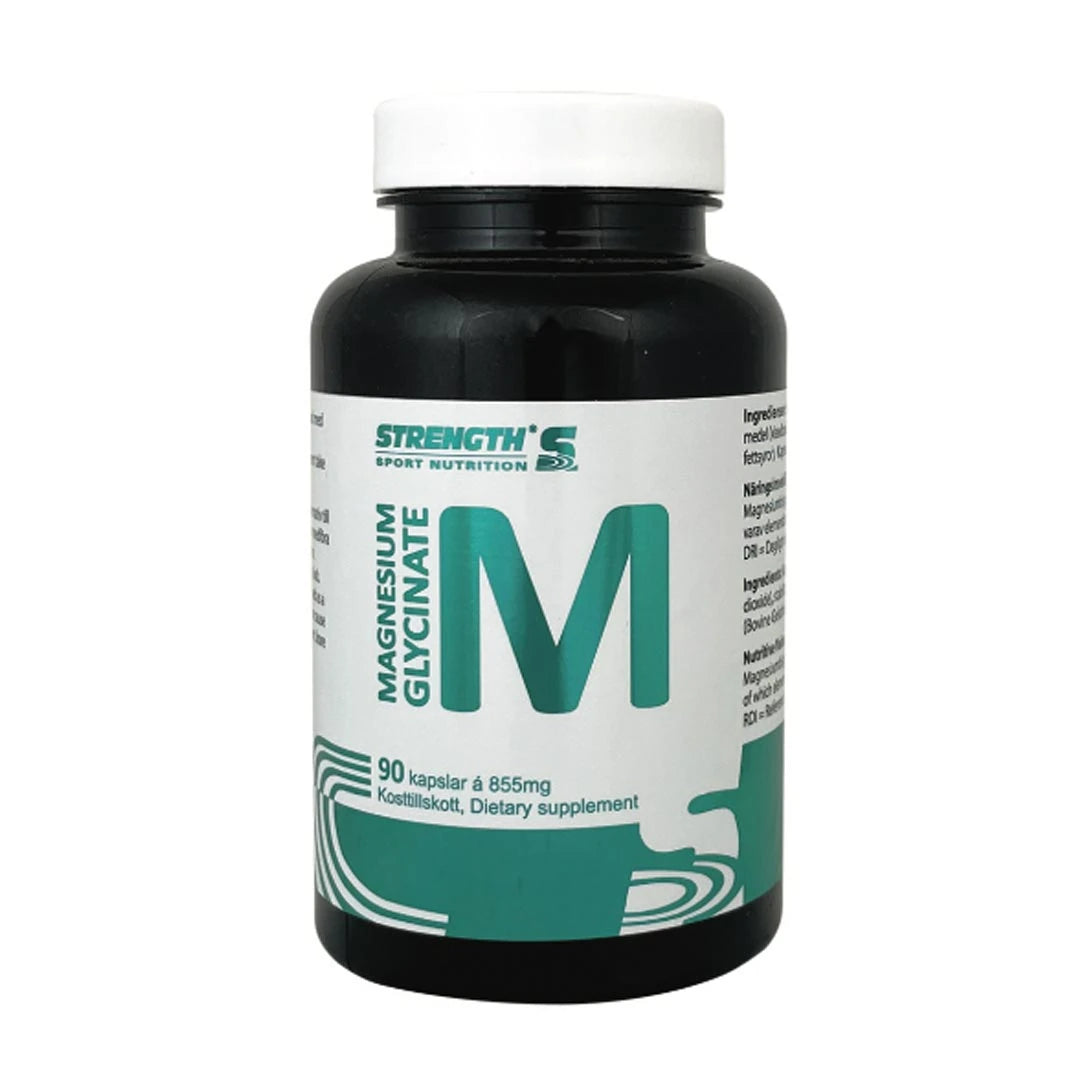 Strength Sport Nutrition Magnesium Glycinate 90 caps i en mörk plastburk med vit etikett och turkosa detaljer., bild 1 av 1