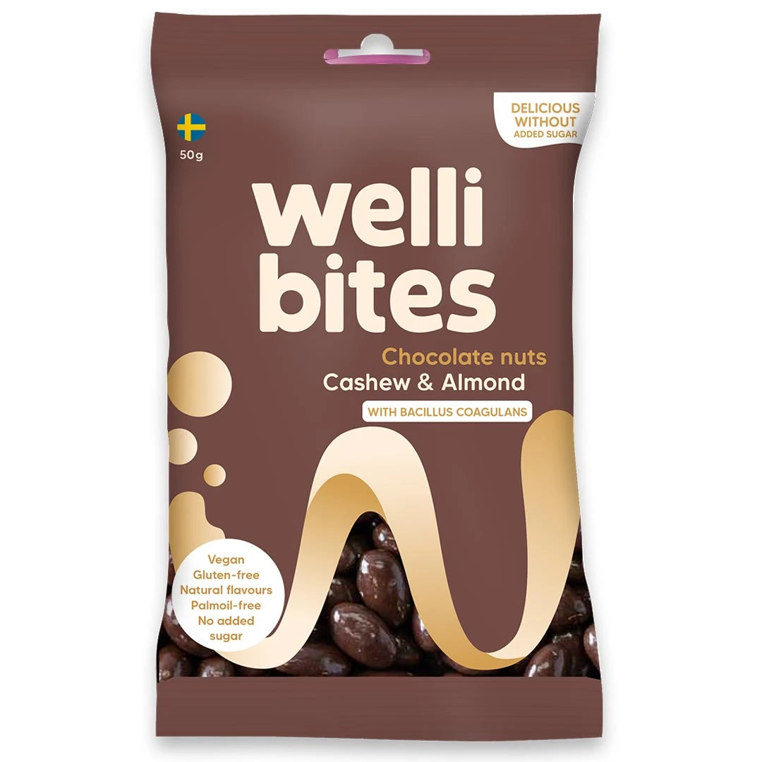 Wellibites Candy 50 g sockerfritt godis i en brun påse med text för smaken Chocolate nuts Cashew &amp; Almond., bild 1 av 1