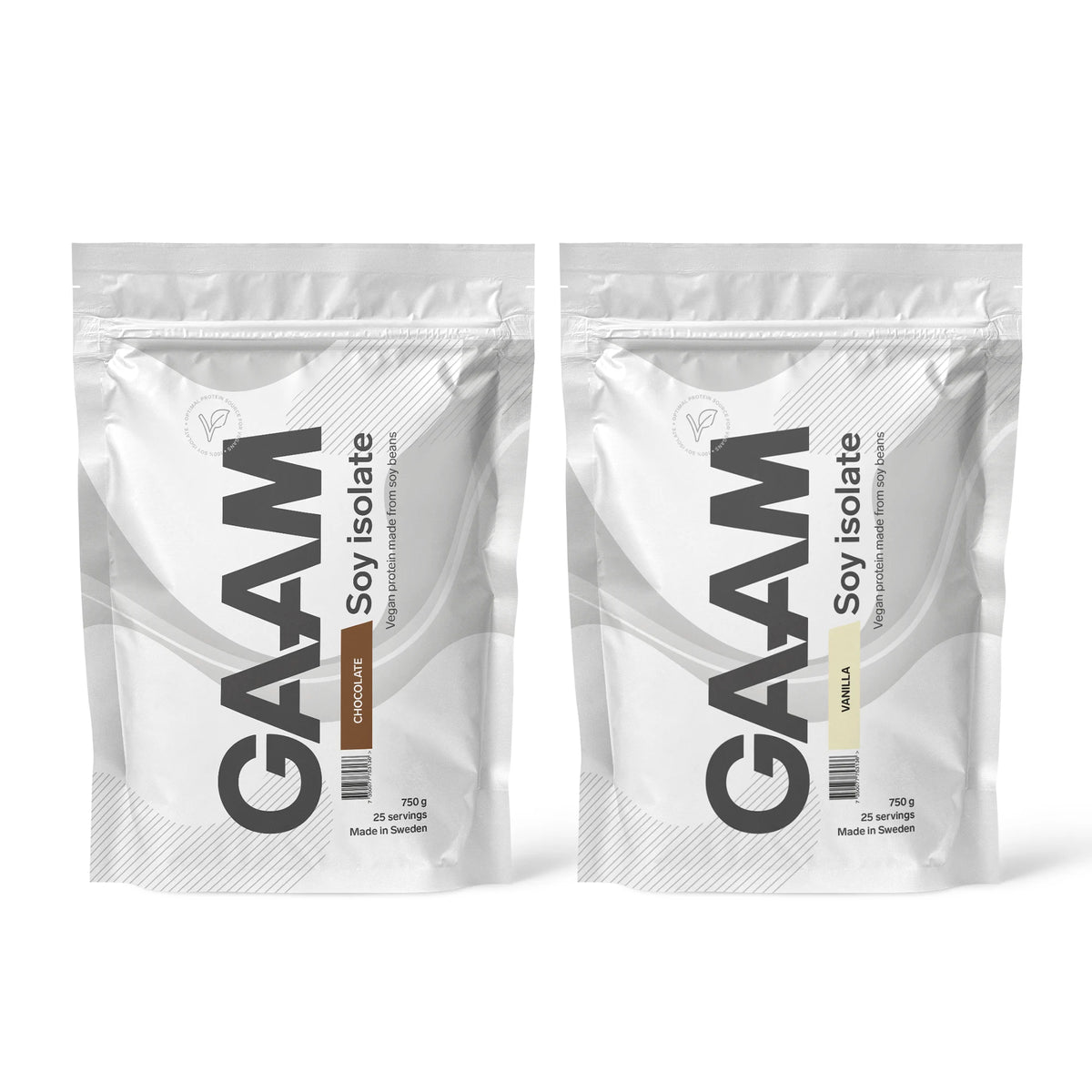 2 x GAAM Soy Isolate 750 g proteinpulver i två vita påsar för smakerna Chocolate och Vanilla., bild 1 av 1