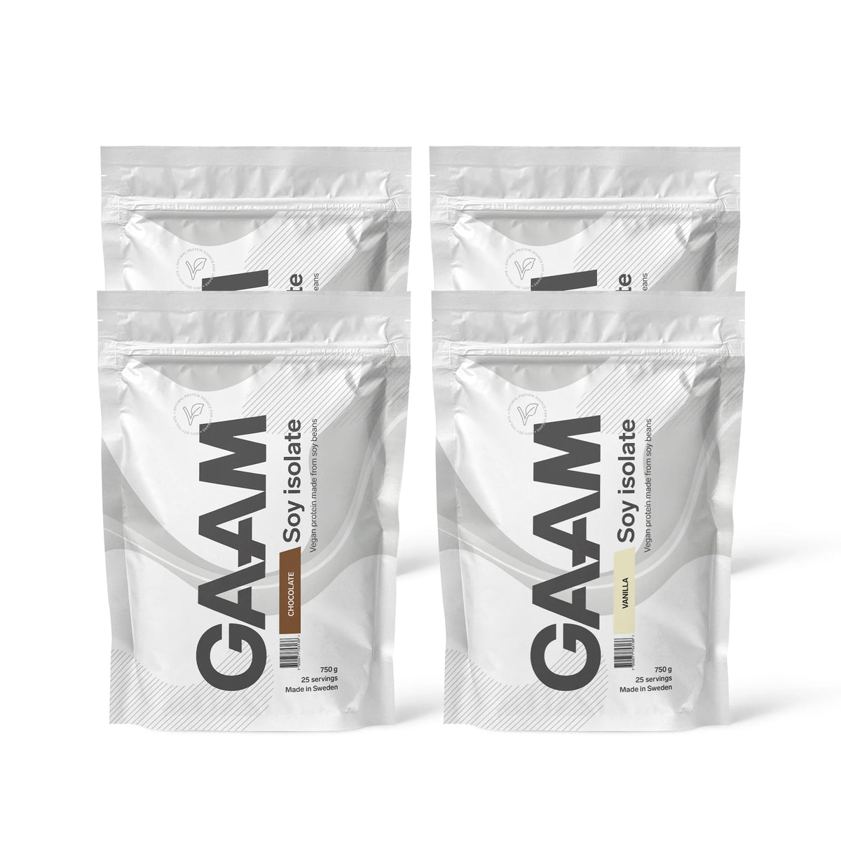 Fyra vita påsar av 4 x GAAM Soy Isolate 750 g med smaker av choklad och vanilj., bild 1 av 1