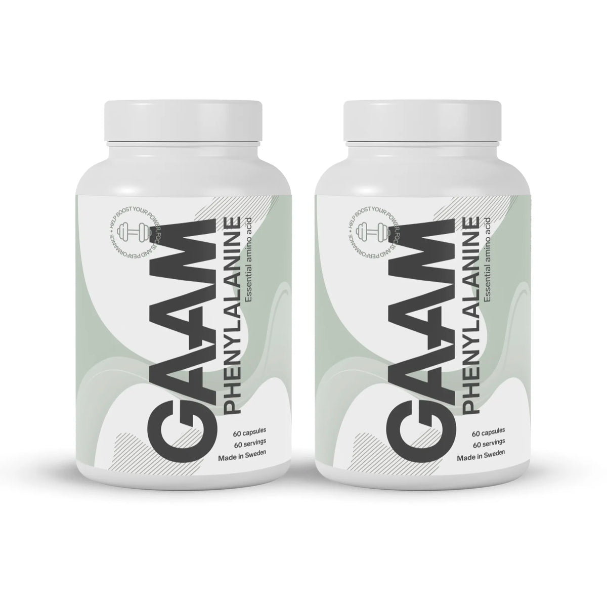 2 x GAAM Phenylalanine 60 caps kosttillskott i vita burkar med grå och gröna detaljer., bild 1 av 1