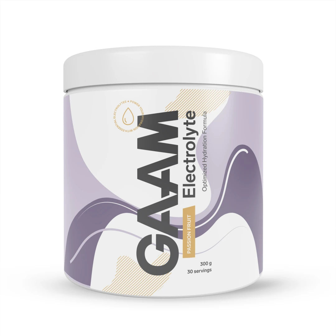 GAAM Electrolyte 300 g elektrolytpulver i en vit burk med lila detaljer för smaken Passion Fruit.