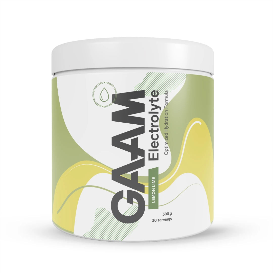 GAAM Electrolyte 300 g elektrolytpulver i en vit burk med gröna och gula detaljer för smaken Lemon Lime., bild 1 av 2