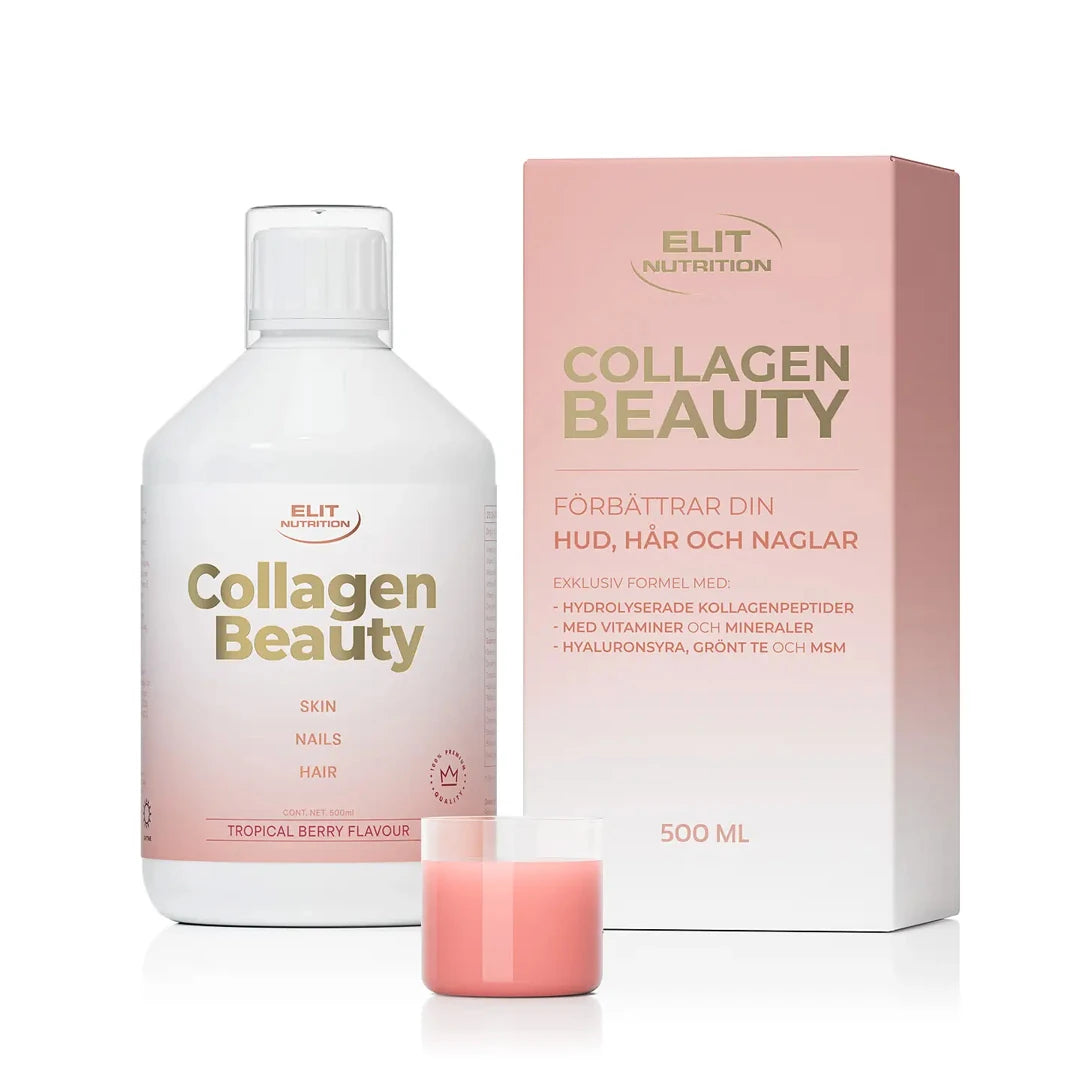Elit Nutrition Collagen Beauty 500 ml flytande kollagen i en vit och rosa flaska bredvid en matchande kartong och en fylld doseringskopp., bild 2 av 2