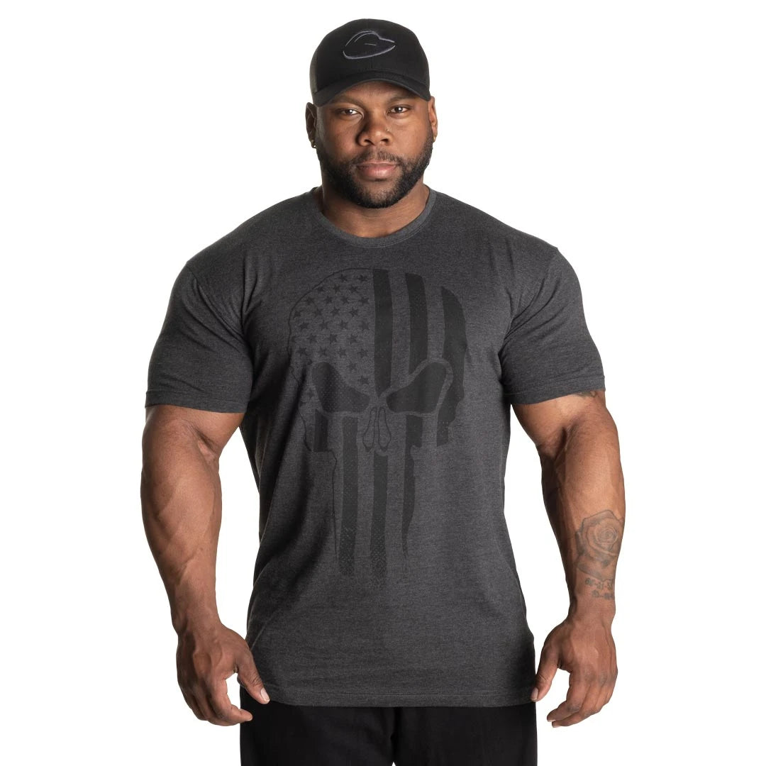 GASP Skull Standard Tee Dark Grey Melange är en mörkgrå t-shirt i bomullsblandning med stort dödskalletryck., bild 3 av 8