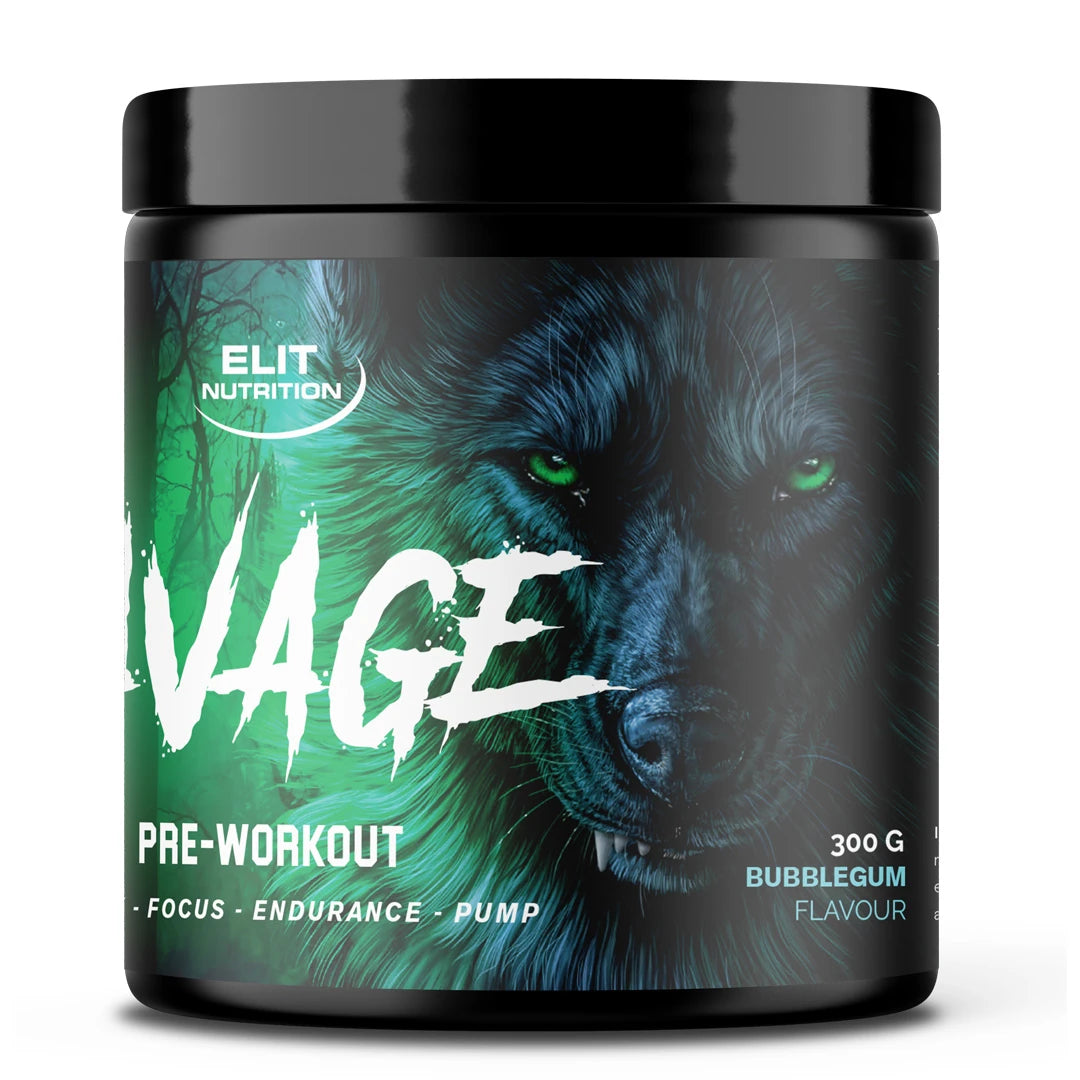 Elit Nutrition Savage PWO 300 g pre-workout i pulverform, förpackad i en svart burk med ett grönt vargmotiv., bild 1 av 2