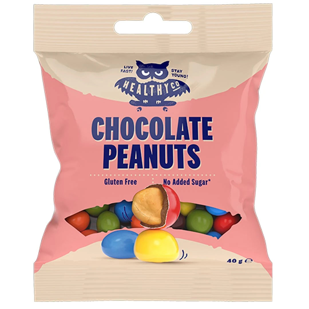 Healthyco 40 g Chocolate Peanuts i en rosa och beige påse fylld med färgglada chokladdragerade jordnötter., bild 1 av 1