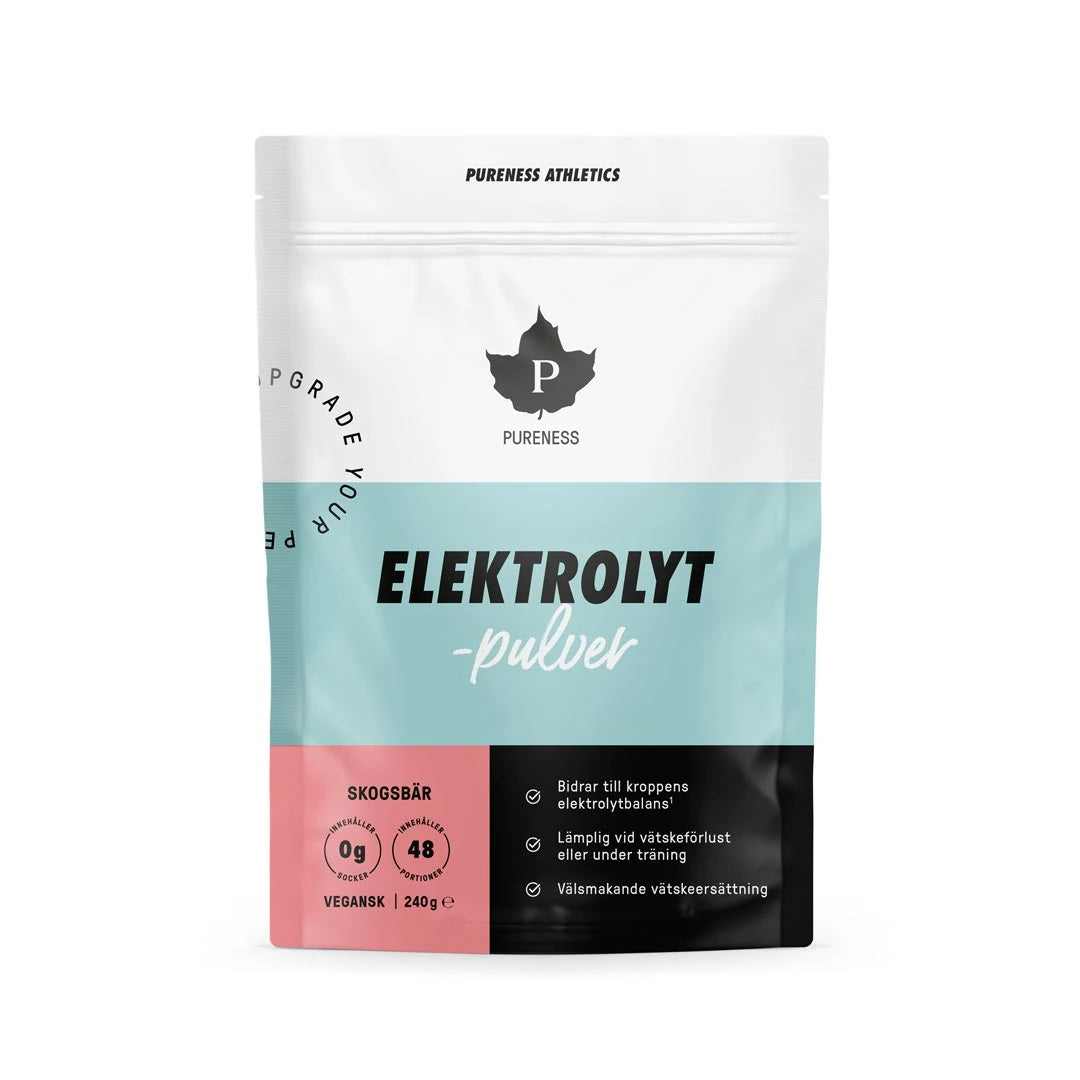 Pureness Elektrolytpulver 240 g i en vit och ljusblå påse med rosa detaljer för smaken Skogsbär., bild 1 av 5