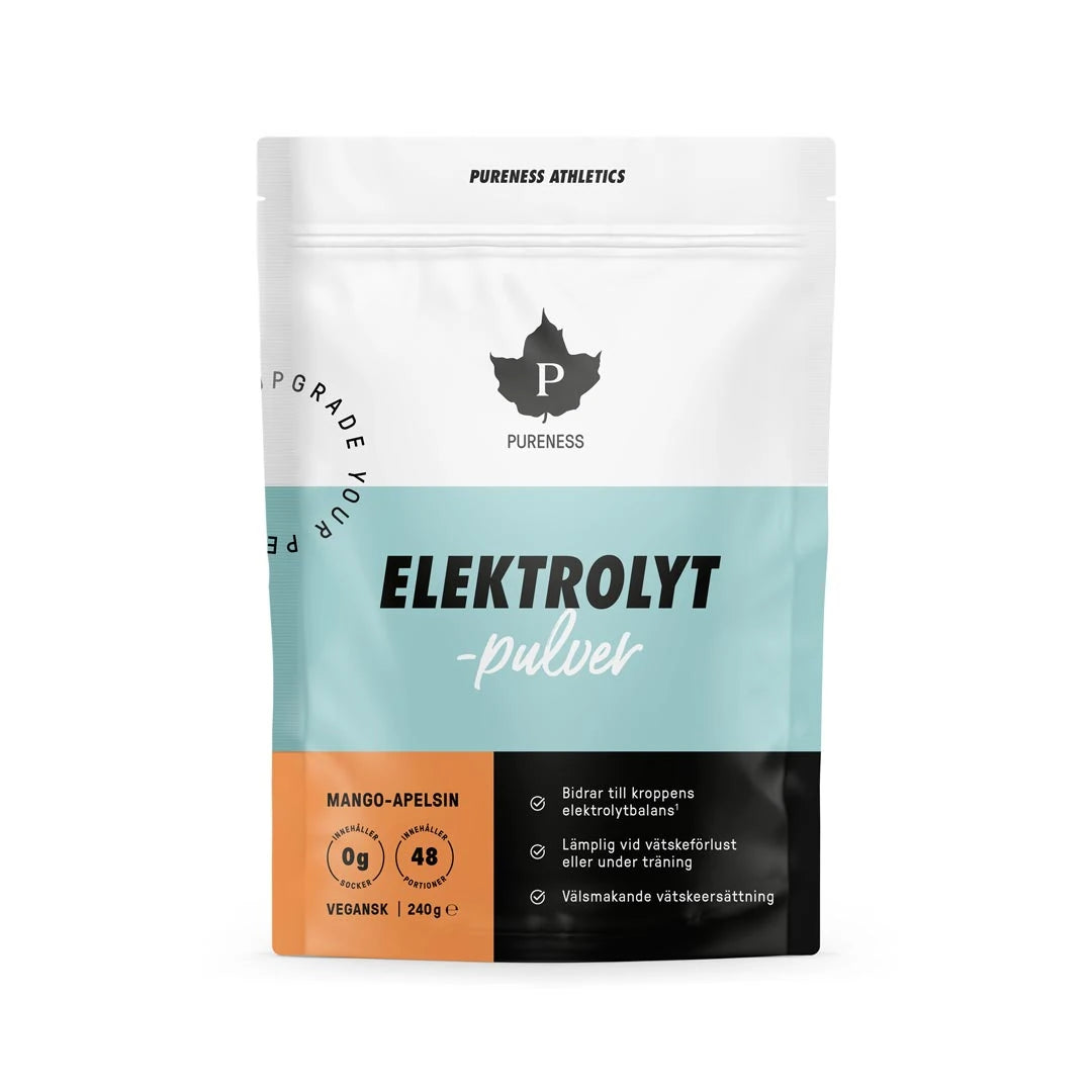 Pureness Elektrolytpulver 240 g i en vit påse med ljusblå och orange detaljer för smaken Mango Apelsin.