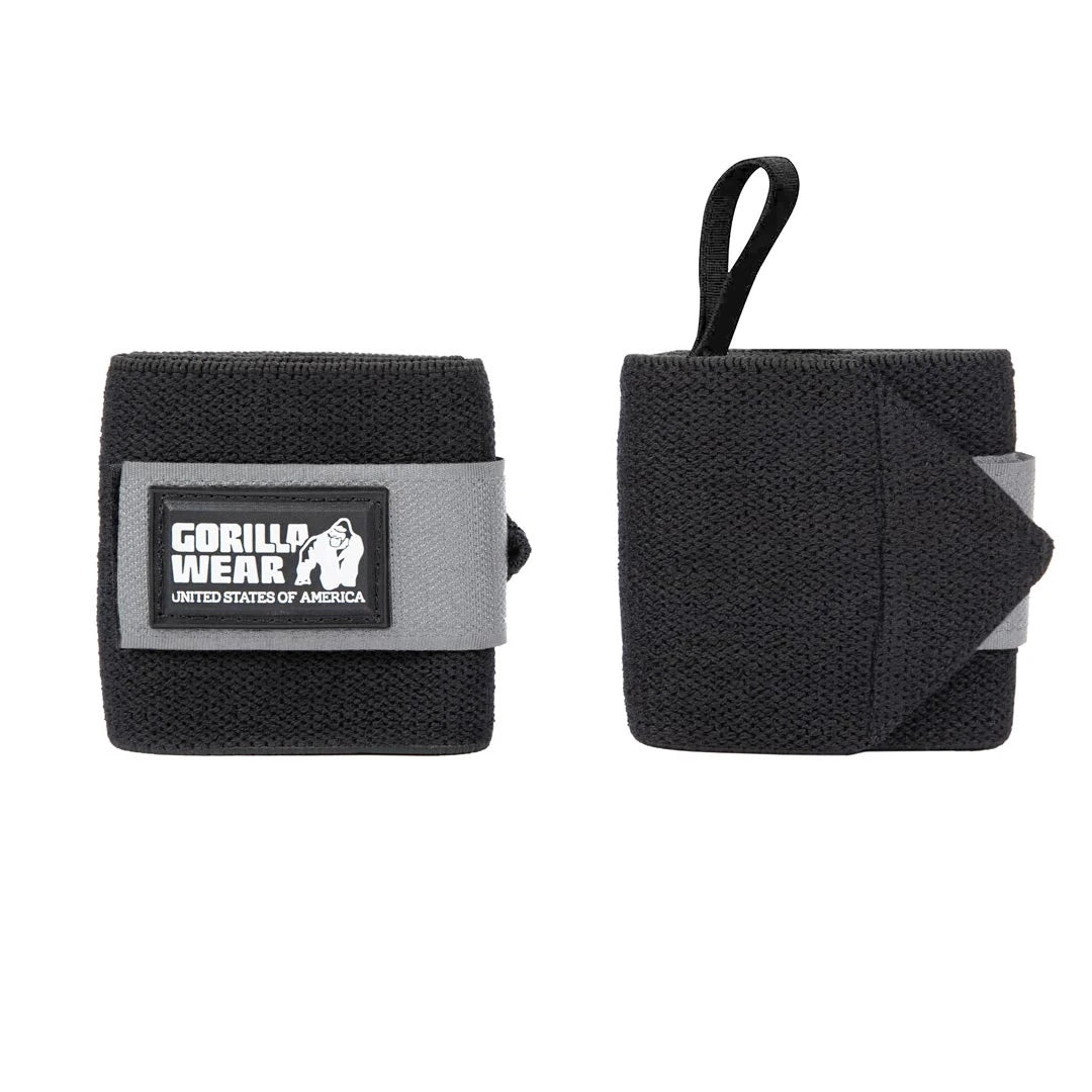 Gorilla Wear Wrist Wraps Basic Black/Grey, svarta handledslindor i elastiskt material med grå kardborre och tumögla.