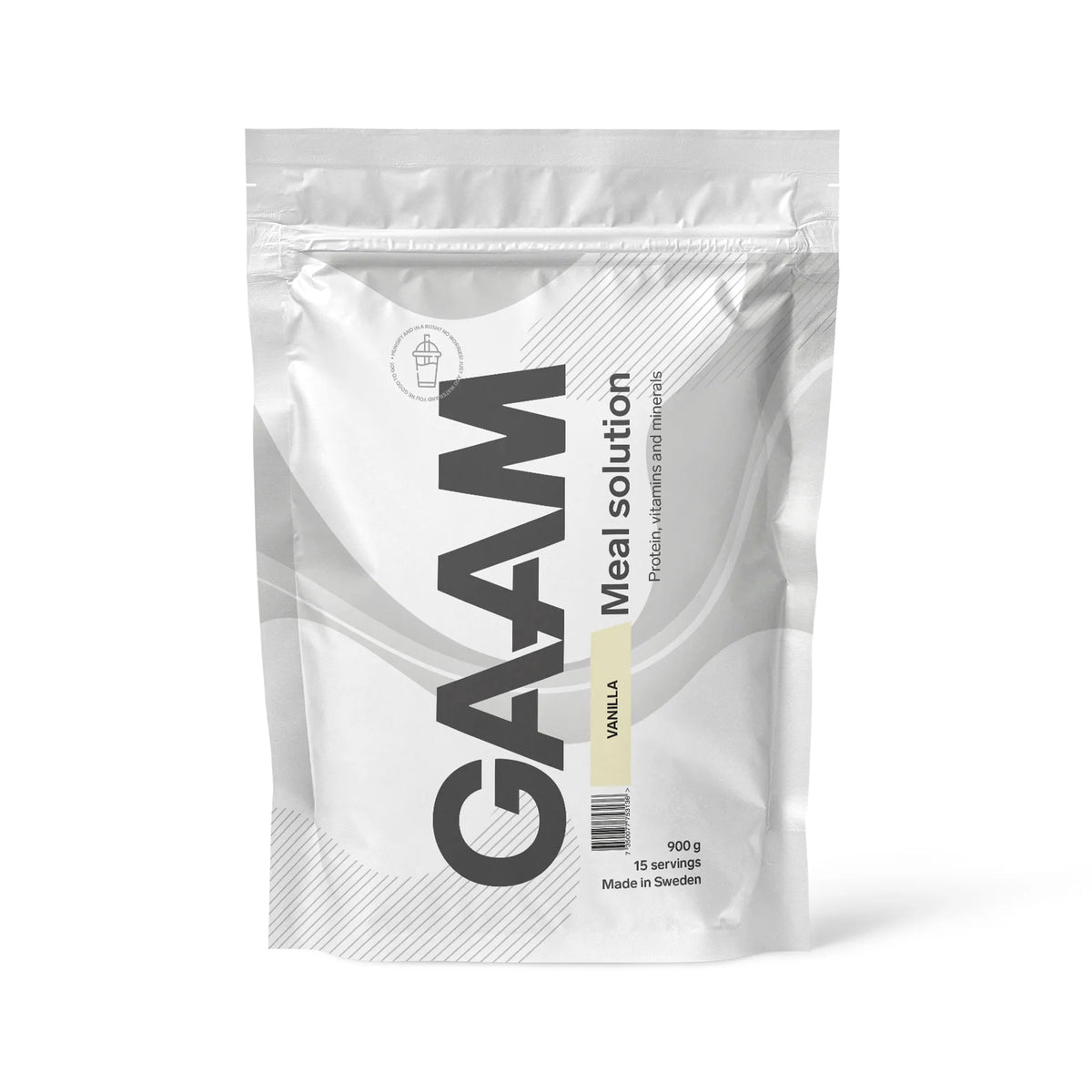 GAAM Meal Solution 900 g måltidsersättning i en vit påse med ljusgula detaljer för smaken Vanilla.