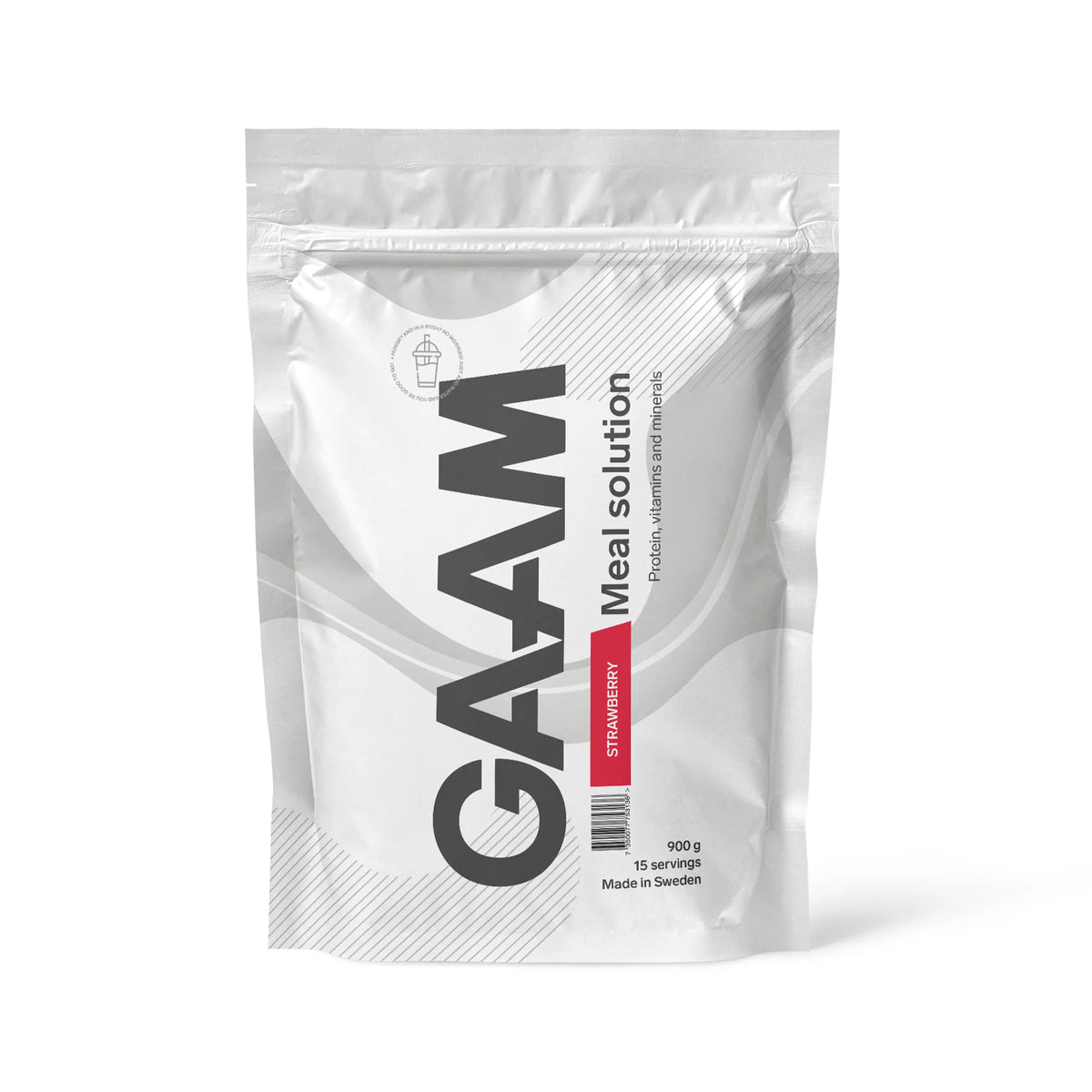GAAM Meal Solution 900 g måltidsersättning i en vit påse med röda detaljer för smaken Strawberry., bild 3 av 3
