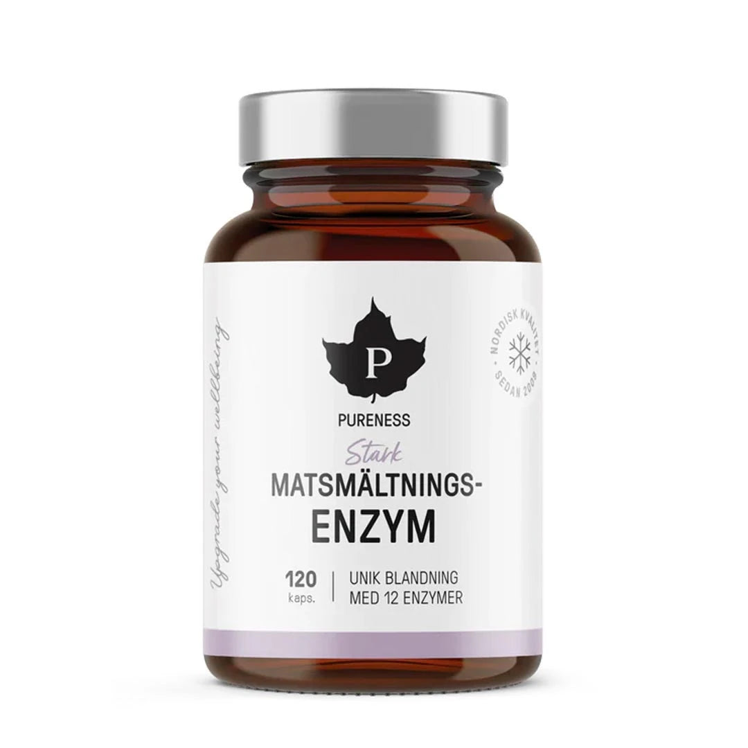 Pureness Starkt Matsmältningsenzym 120 caps i en brun glasburk med vit etikett och silverfärgat lock., bild 1 av 1