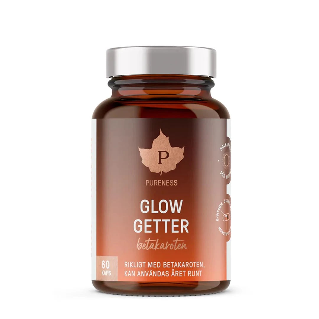 Pureness Glow Getter 60 caps solkapslar med betakaroten i en mörkbrun burk med silverlock., bild 1 av 1