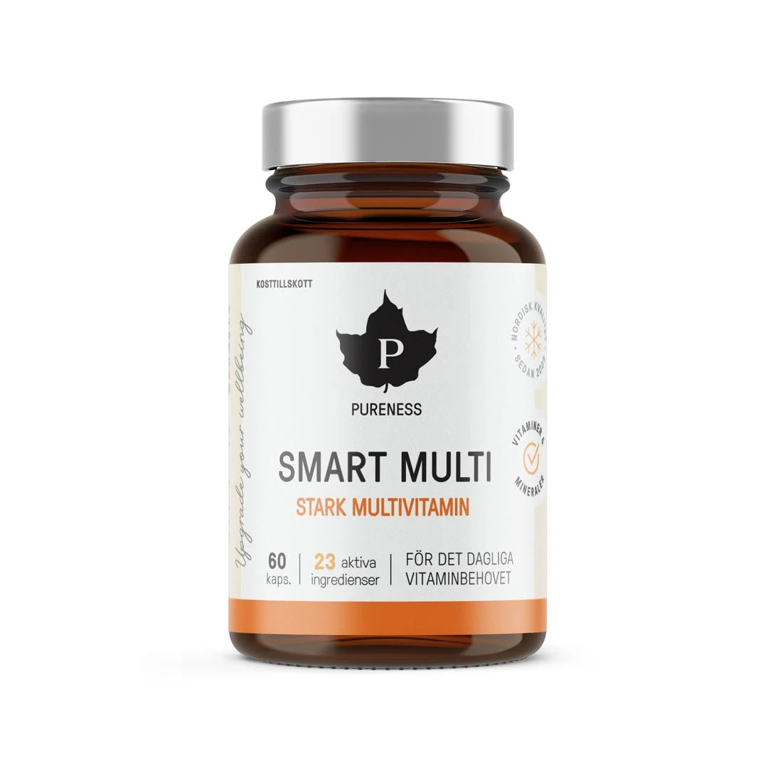 Pureness Smart Multi 60 caps i en brun glasburk med silverfärgat lock, vit etikett och orangea detaljer., bild 1 av 1