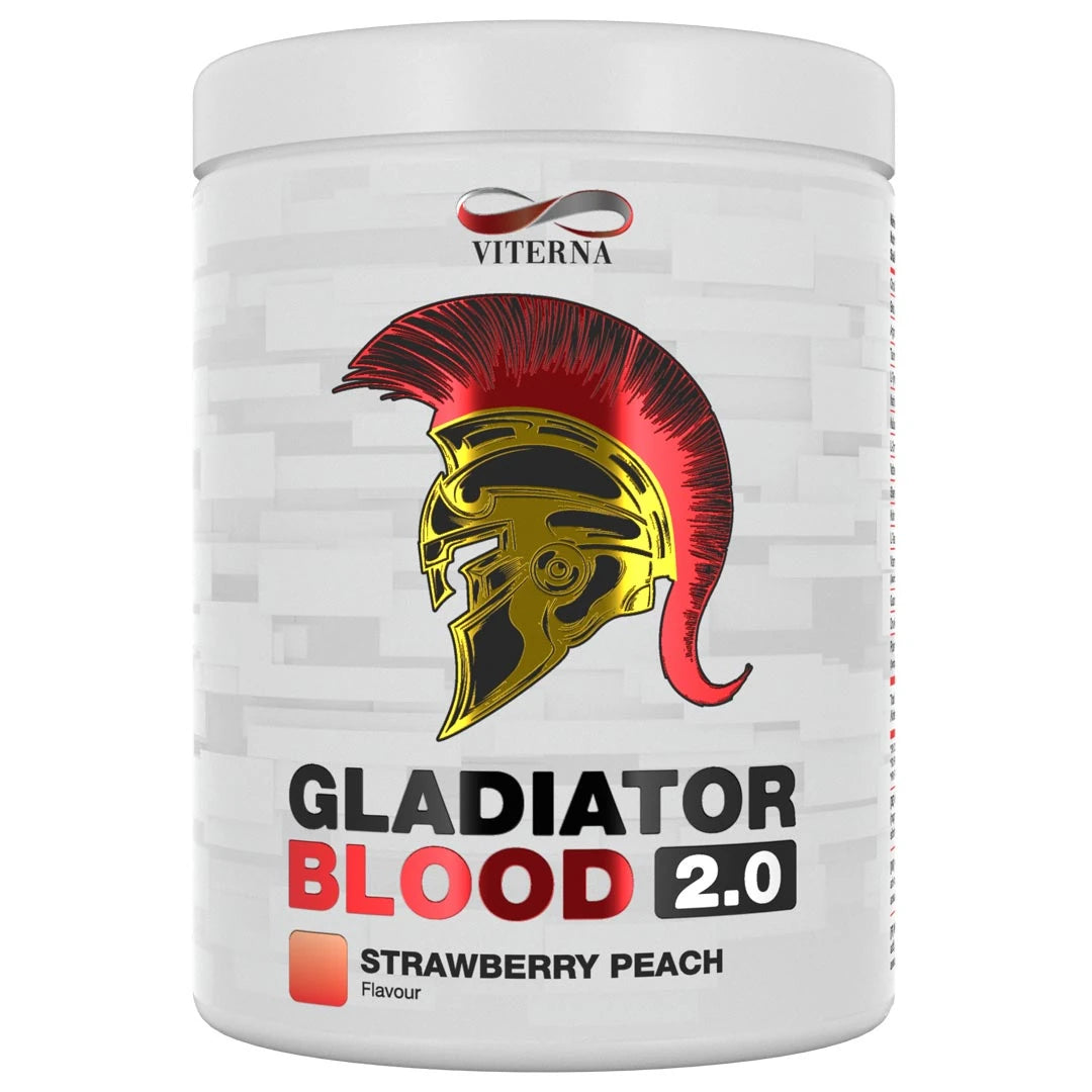 Viterna Gladiator Blood 2.0 460 g PWO i en vit burk med ett rött och guldigt gladiatormotiv för smaken Strawberry Peach., bild 2 av 5