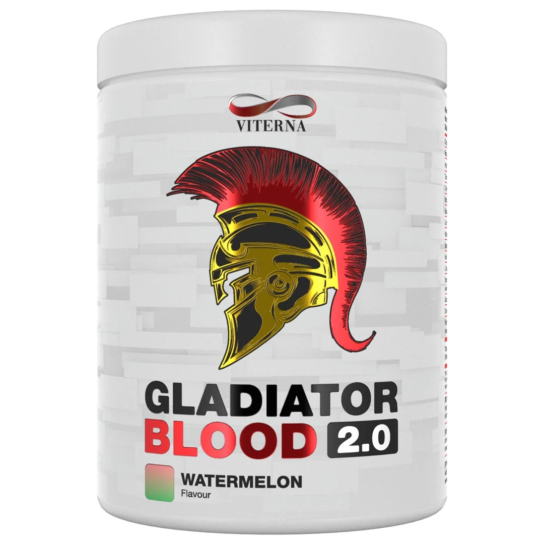 Viterna Gladiator Blood 2.0 460 g PWO-pulver i en vit burk med gladiatorhjälm för smaken Watermelon., bild 1 av 5