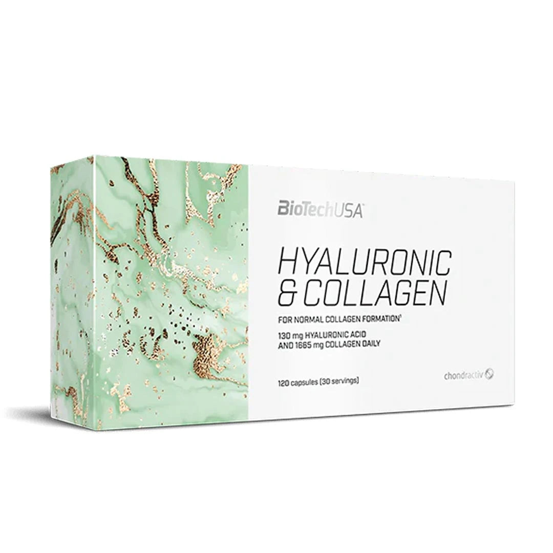 BioTechUSA Hyaluronic &amp; Collagen 120 caps kosttillskott i en vit ask med ljusgrönt marmormönster., bild 1 av 1