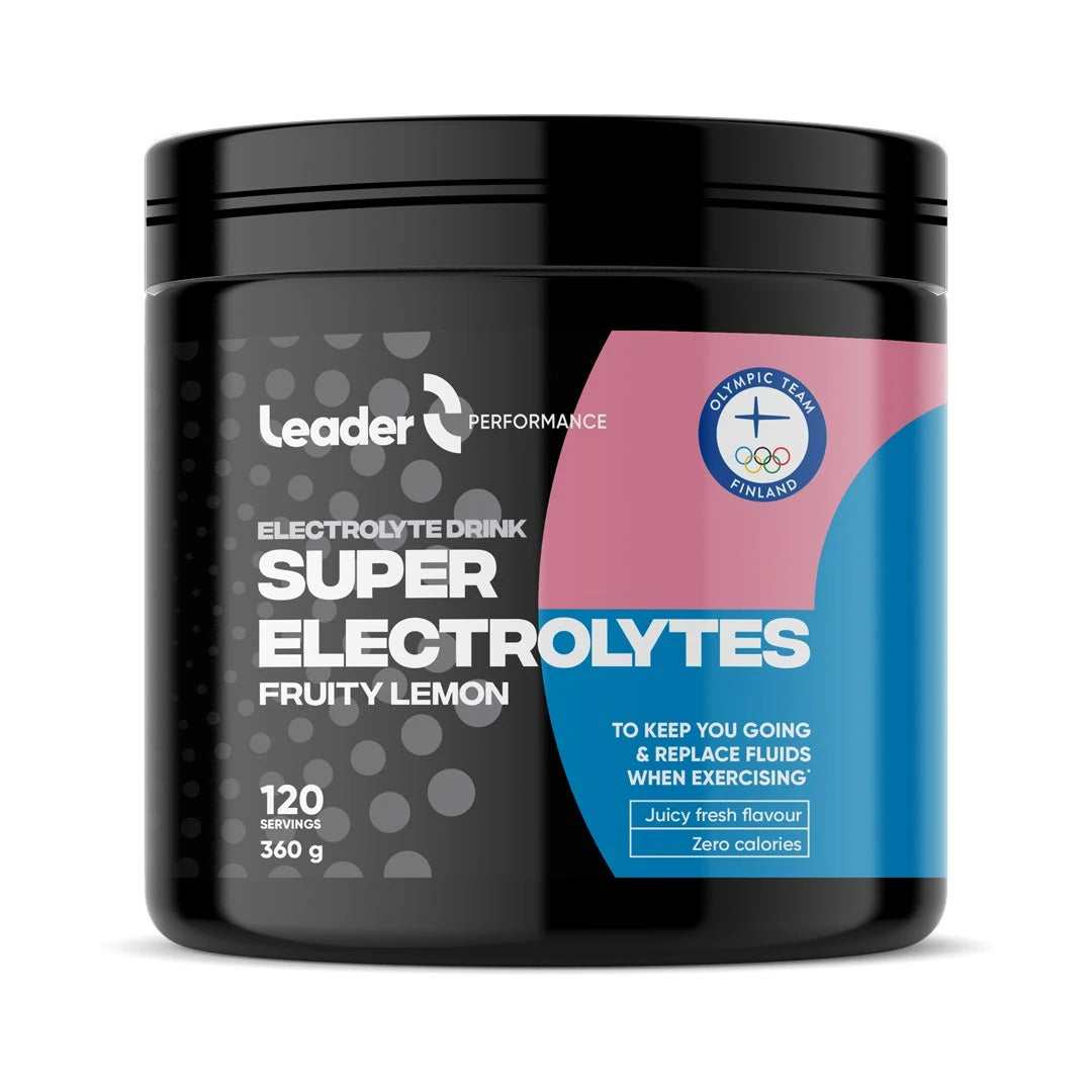 Leader Performance Electrolyte powder 360 g i en svart burk med rosa och blå etikett och smaken Fruity Lemon., bild 1 av 1