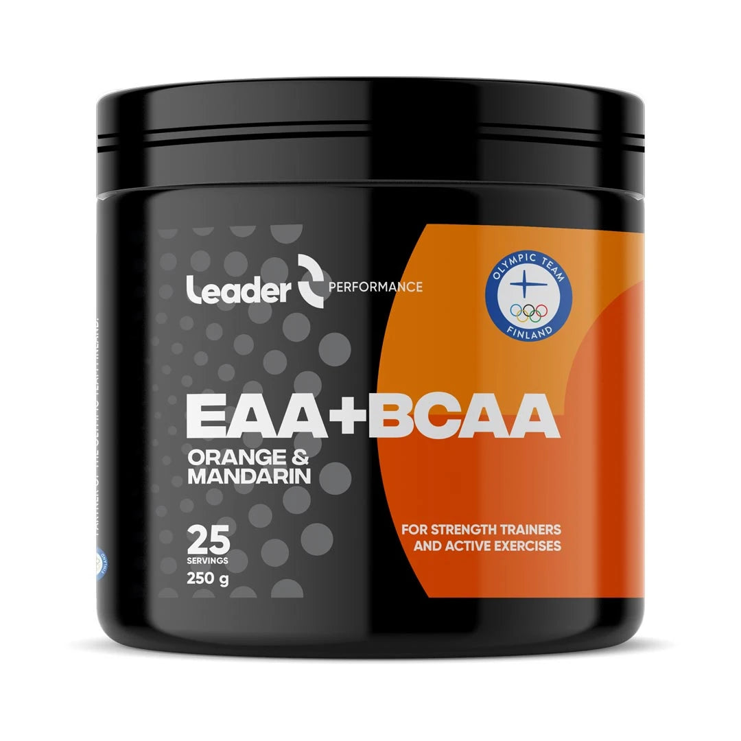 Leader Performance EAA+BCAA 250 g aminosyror i en svart burk med orangea detaljer för smaken Apelsin och mandarin., bild 2 av 2