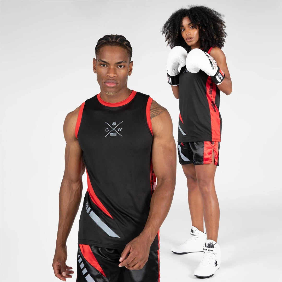 Gorilla Wear Hornell Tank Top Black/Red är ett svart unisex träningslinne i lätt polyester med röda detaljer., bild 3 av 6