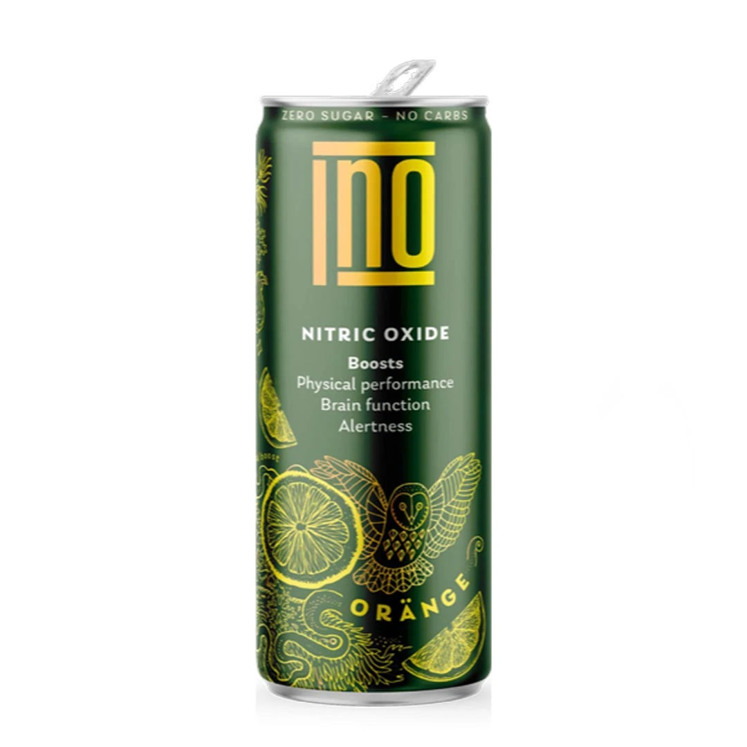 INO Nitric Oxide Drink 330 ml PWO-dryck i en mörkgrön burk med guldgula detaljer för apelsinsmak., bild 1 av 1