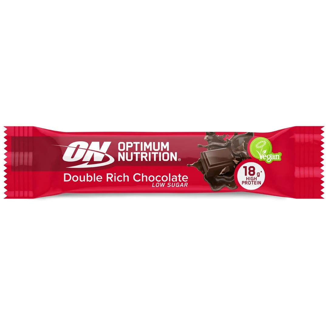 Optimum Nutrition Vegan Protein Bar 60 g i en röd förpackning för smaken Double Rich Chocolate., bild 1 av 2