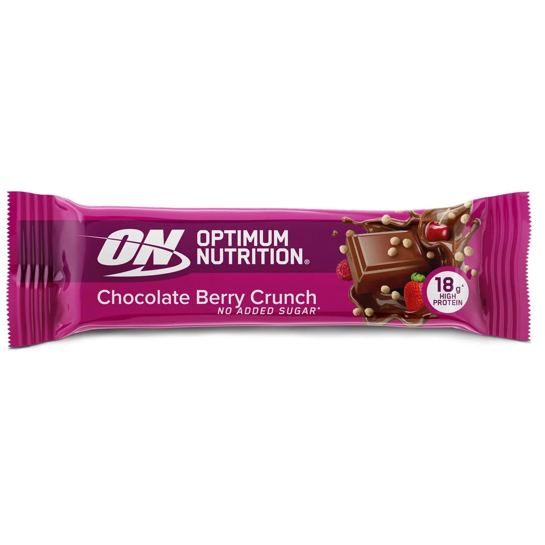 Optimum Nutrition Chocolate Protein Bar 59 g i en rosa förpackning för smaken Berry Crunch., bild 1 av 3