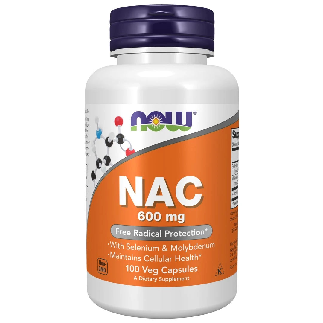 NOW NAC 600 mg 100 caps kosttillskott i en vit plastburk med orange etikett och mörkblått lock., bild 1 av 1