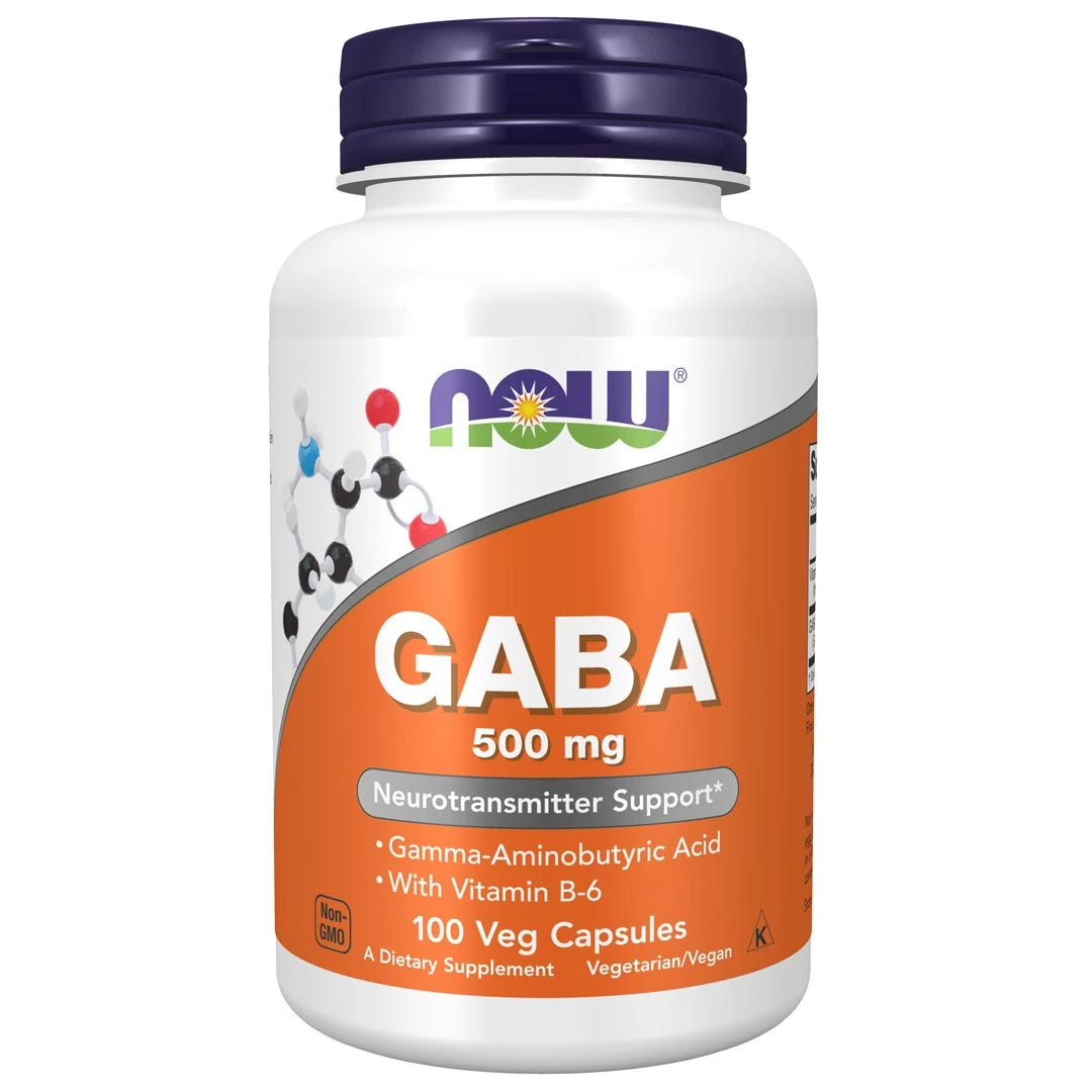 NOW GABA 500 mg 100 caps i en vit burk med orange etikett och mörkblått lock., bild 1 av 1