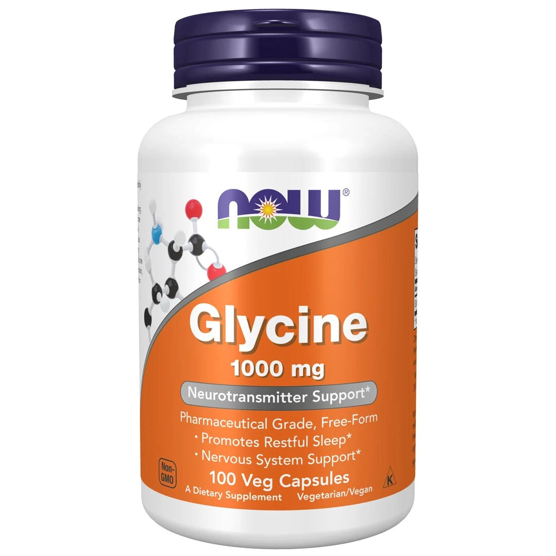 NOW Glycine 1000 mg 100 caps aminosyror i en vit burk med orange etikett och mörkblått lock., bild 1 av 1