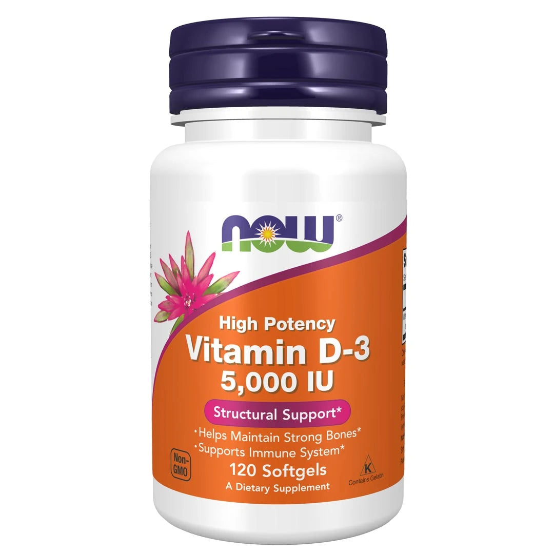NOW VitaminD-3 5000IU 120 caps kosttillskott i en vit burk med mörkblått lock och orange etikett., bild 1 av 1