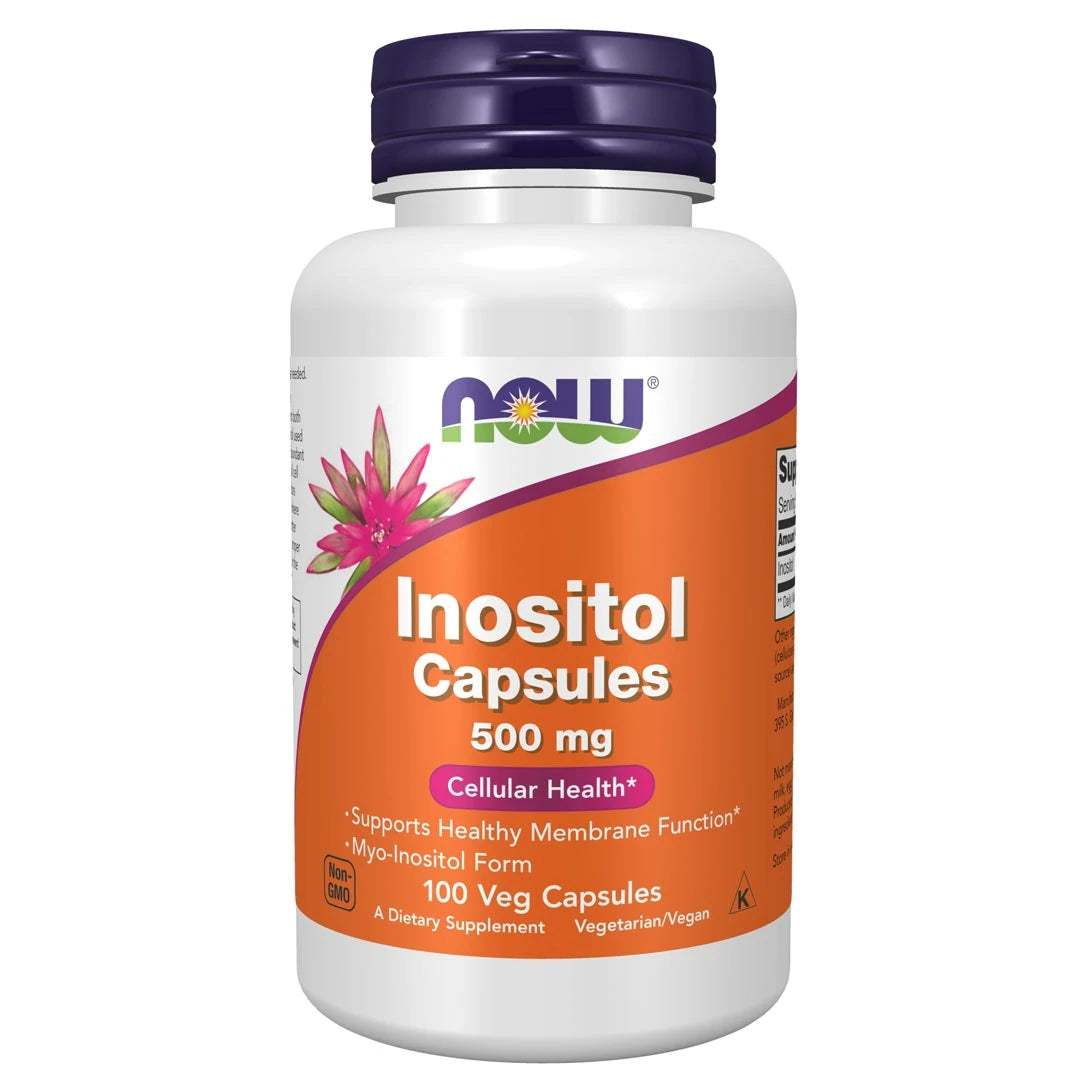 NOW Inositol 500 mg 100 caps i en vit burk med orange etikett och mörklila lock., bild 1 av 1