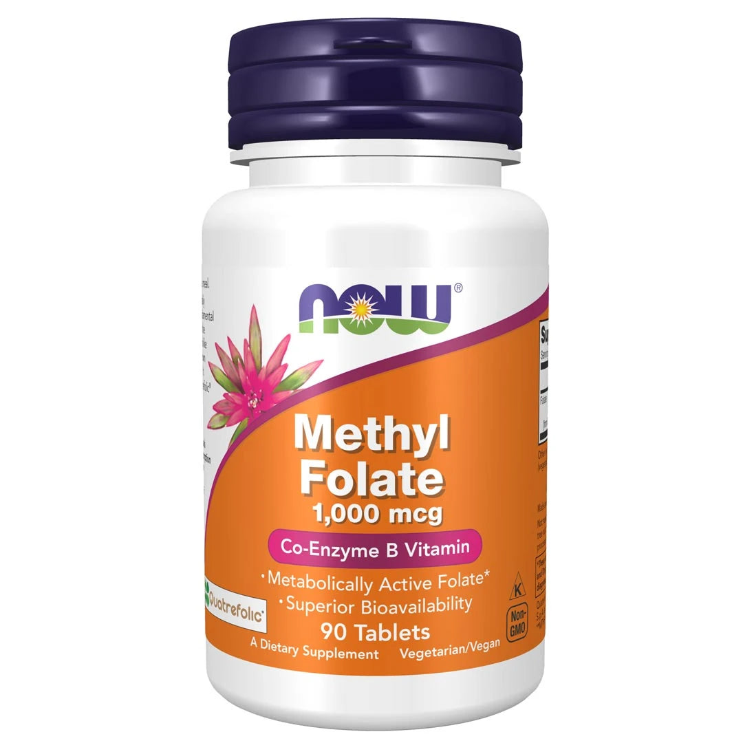 NOW Methylfolate 1000mcg 90 tabs folsyratillskott i en vit burk med orange och lila etikett samt mörklila lock., bild 1 av 1