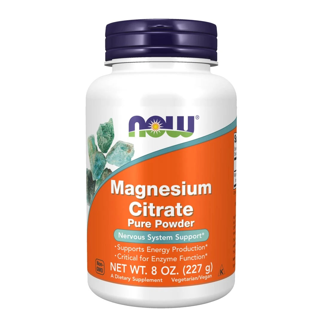 NOW Magnesium Citrate Powder 227 g i en vit burk med orange etikett och lila lock., bild 1 av 1