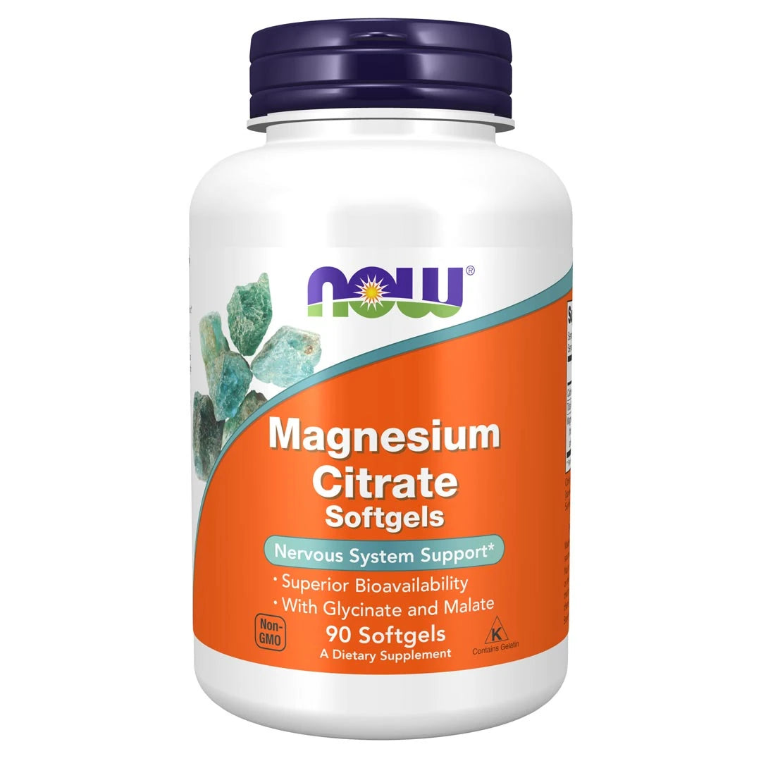 NOW Magnesium Citrate 134 mg 90 caps kosttillskott i en vit burk med orange etikett och mörkblått lock., bild 1 av 1