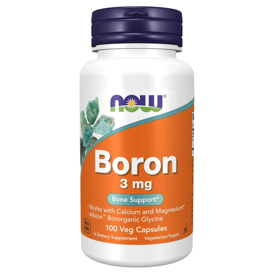 NOW Boron 3mg 100 caps kosttillskott i en vit burk med lila lock och en orange etikett., bild 1 av 1
