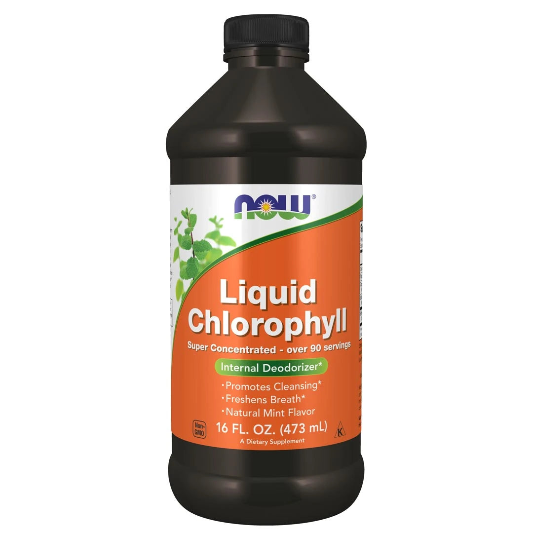 NOW Liquid Chlorophyll 473 ml flytande kosttillskott i en mörk flaska med orange och vit etikett., bild 1 av 1