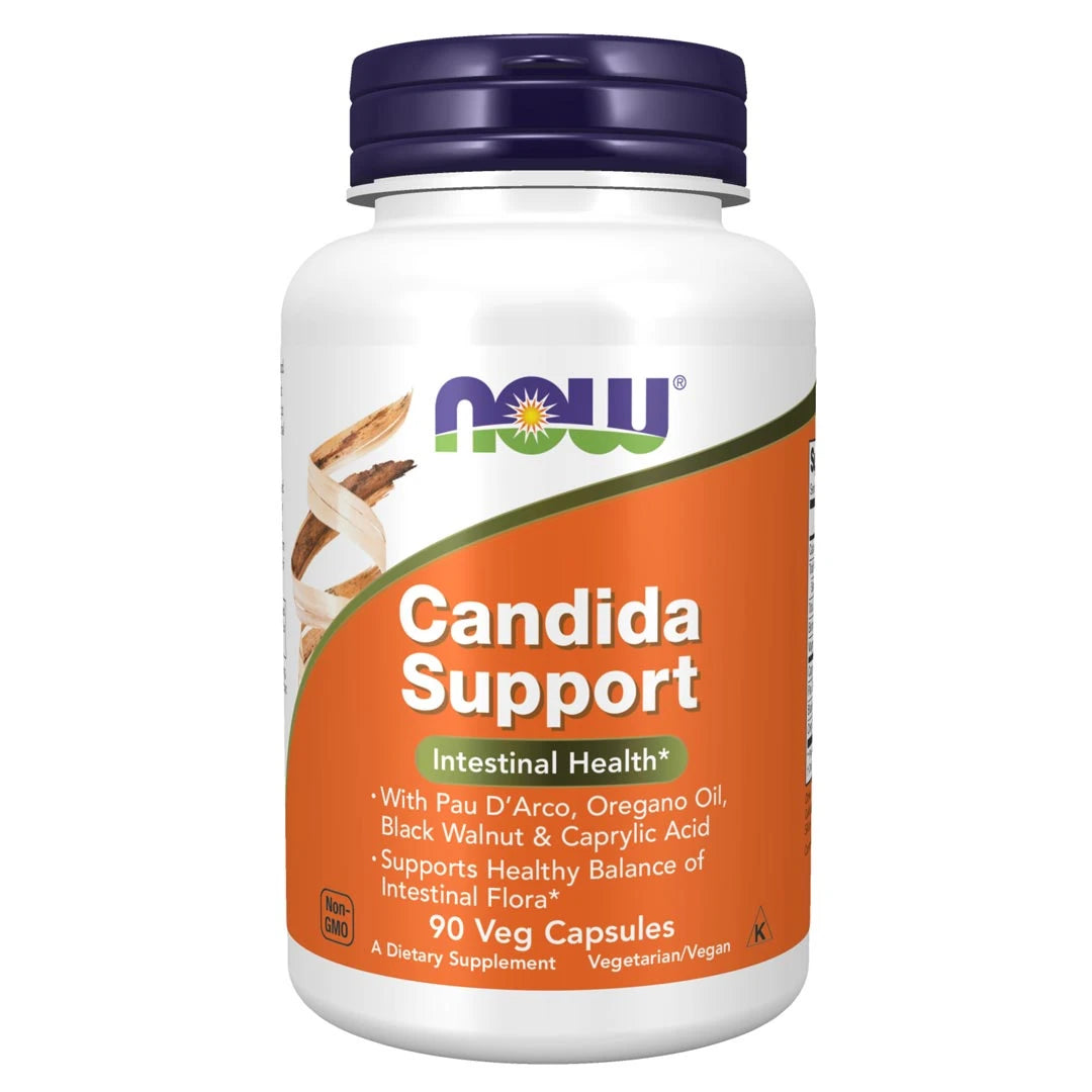 NOW Candida Support 90 caps i en vit burk med orange etikett och mörklila lock., bild 1 av 1